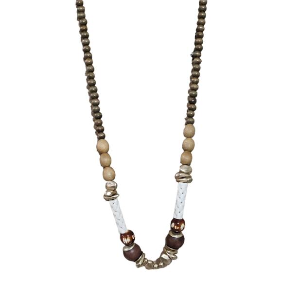 Chico's boho Wooden and Gold Tone Beaded Long Necklace New! - Picture 2 of 8